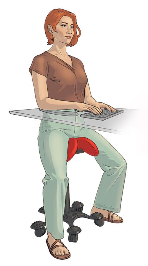 Woman sitting in an upright, balanced position on a Salli saddle chair